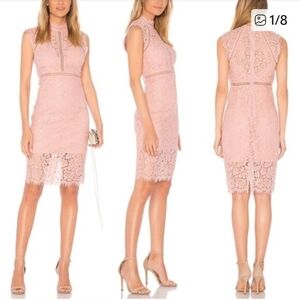 Bardot High-Neck Pink Lace Midi Dress Lace Panel Dress